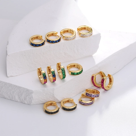 925 Sterling Silver Colored Zirconia Hoop Earrings For Women Luxury Small Gold White Gold Plated Geometric Round Huggie Jewelry