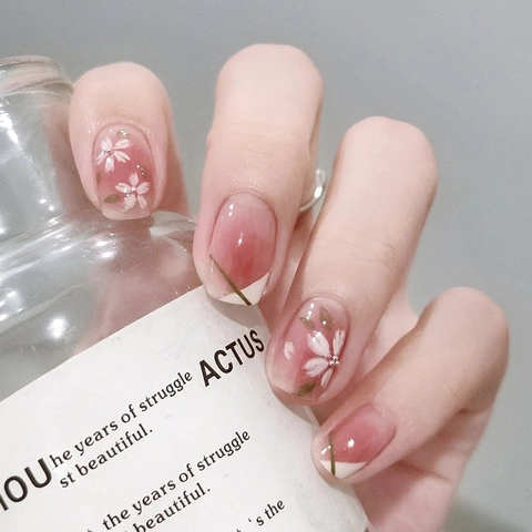 Pink Gradient Press On Nails White Camellia Flower Gold Line Short Square Round ABS False Nails For Women