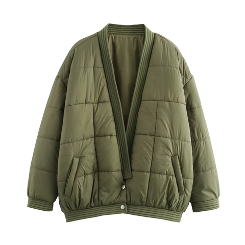 Veste Matelassée Femmes Col En V Manches Longues Légère Vintage Style Ethnique Motif Carré Vert Armée Manteau