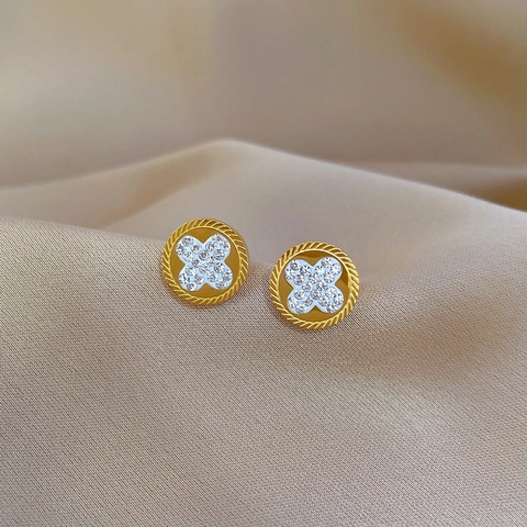 Four Leaf Clover Stud Earrings Titanium Steel White Rhinestone Elegant Flower Round Jewelry For Women