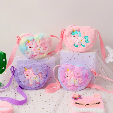 Borsa A Tracolla In Peluche A Forma Di Cuore Ricamo Unicorno Carino Pelliccia Sintetica Borsa Per Bambini Ragazze