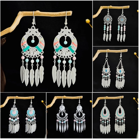 Pendientes De Borla Étnicos Bohemios Aleación Zinc Cuentas Coloridas Plumas Colgantes Joyas Retro Con Poste De Oreja