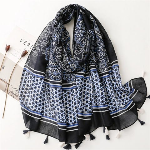 Écharpe Châle En Voile De Polyester À Motifs Paisley Ethnique Bohème Protection Solaire Avec Glands Pour Femmes Mode Voyage