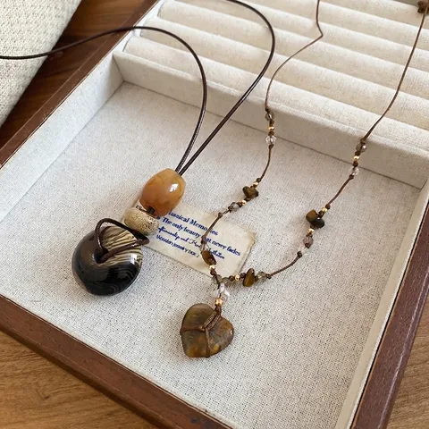 Tiger Eye Stone Heart Pendant Necklace Vintage Bohemian Ethnic Braided Rope Long Sweater Chain Accessory For Women
