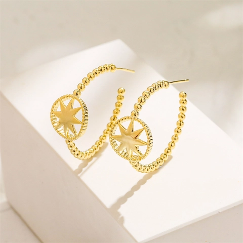 Geometrische C-Vormige Creolen Koper 14K Verguld Met 925 Sterling Zilveren Oorbelpost Kralen Ster Niche Design