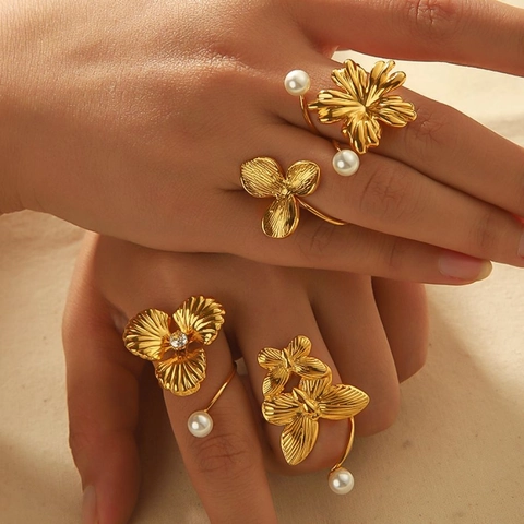 Schmetterling Blume Künstliche Perle Offener Ring 18K Vergoldet Edelstahl Verstellbar Zirkon Eleganter INS Stil Schmuck Damen