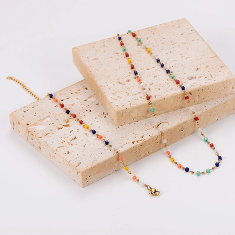 Fashion 18K Gold Plated 304 Stainless Steel Necklace And Bracelet Jewelry With Colorful Square Beads For Women Sweet