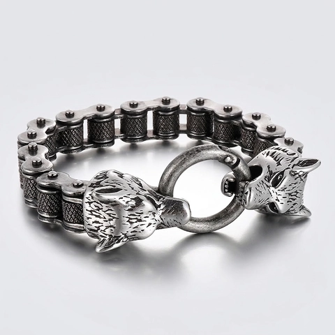 Herren Wolfskopf Armband Edelstahl Motorrad Fahrradkette Schmuck Punk Rock Biker Retro Silber Finish Accessoire