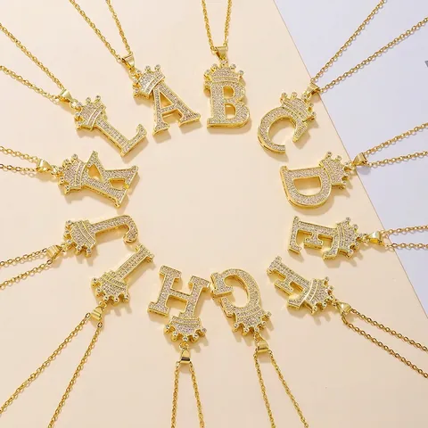 Alphabet Couronne Pendentif Collier Cuivre Zircon Strass Chaîne En Acier Inoxydable Bijoux De Luxe Élégants Pour Femmes Filles