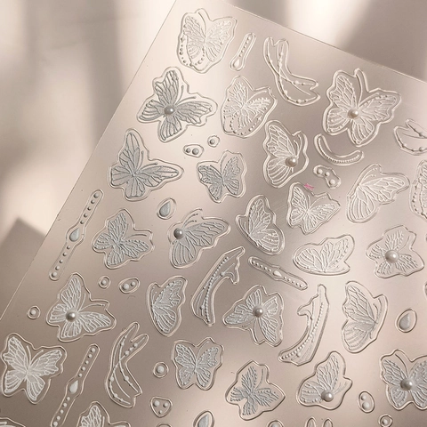 Butterfly 3D Relief Nail Art Stickers Embossed Self-adhesive DIY Manicure Elegant White Artificial Pearl Decoration Aesthetic Style