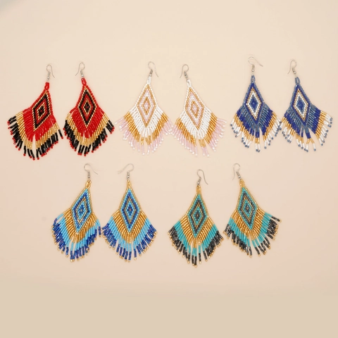 Bohemian Ethnische Handgefertigte Glasperlen Quasten Ohrringe Diamant Geometrisches Muster Vintage Schmuck Für Frauen