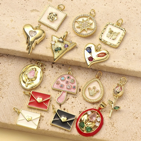 Pilz Herz Umschlag Schmetterling Blumen Kupfer 18K Gold Zirkon Emaille Muschel Anhänger Für DIY Schmuckherstellung
