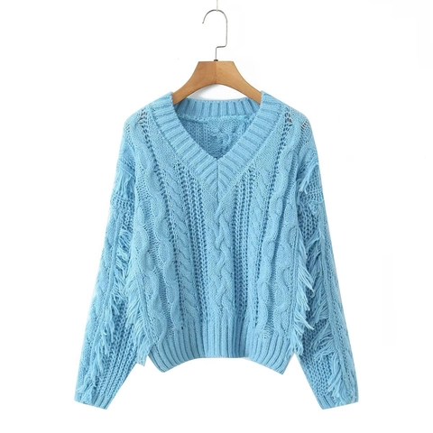 Women V Neck Chunky Acrylic Cable Knit Sweater Tassel Long Sleeve Pullover Soft Warm Fashion Jumper
