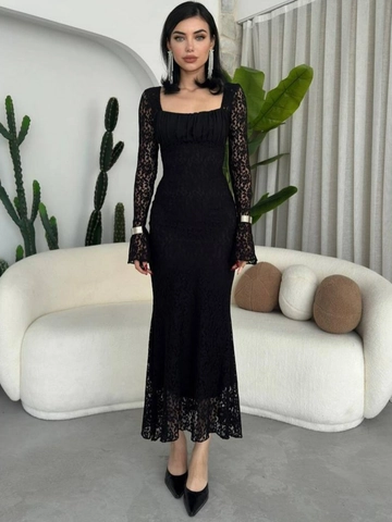 Elegante Abito Lungo Con Scollo Quadrato E Maniche Lunge In Pizzo Arricciato Vestibilità Aderente Sexy Abito Da Sera A Sirena
