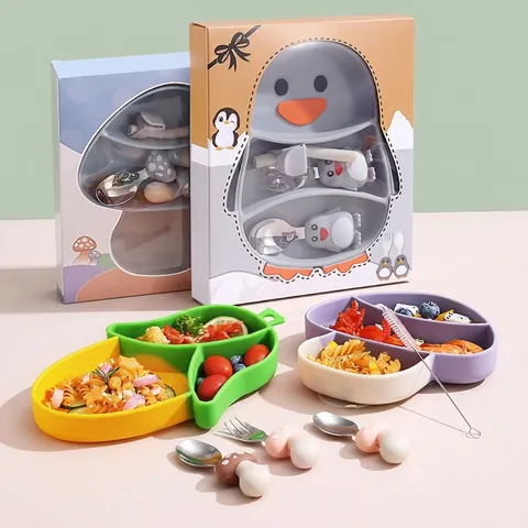 Cartoon Animal Silicone Suction Plate Stainless Steel Fork Spoon Straw Baby Feeding Tableware Toddler Kids Dinnerware
