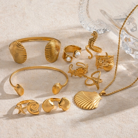 Anelli Tema Oceano Acciaio Inossidabile Placcato Oro 18K Conchiglia Stella Marina Cavalluccio Marino Perla Artificial Regolabile Gioielli