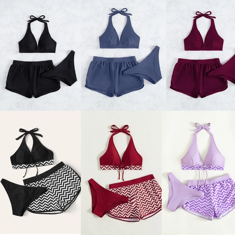 Women Halter Bikini Top Triangle Bottom And High Waist Shorts Swimwear Sexy Beach Bathing Suit Solid Color Chevron Pattern Polyester Nylon