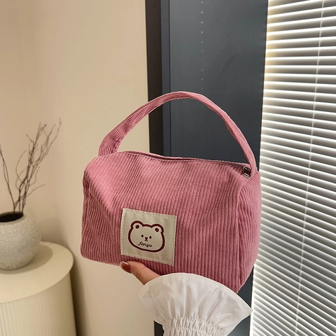 Corduroy Handbag Cosmetic Storage Bag Small Square Zipper Pouch Cute Cartoon Bear Japanese Style For Women