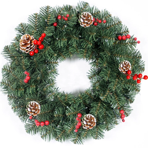 Artificial Christmas Wreath Green Pine Needles With Red Berries Pine Cones LED Lights For Front Door Wall Hanging Decor