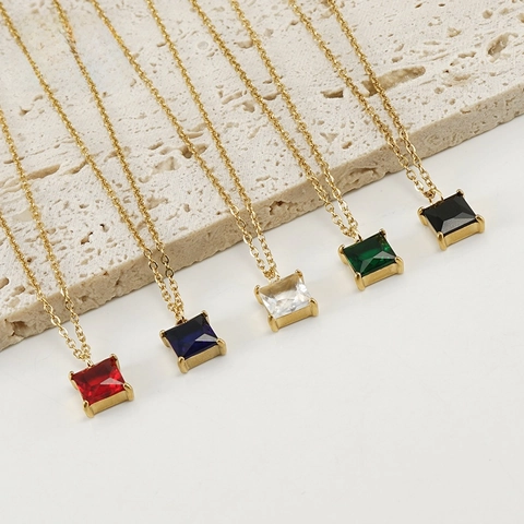 Titanium Mode Veelkleurige Zirkoon Hanger Sleutelbeenketting 18k Goud Roestvrij Staal Vierkante Ig Ketting Voor Dames