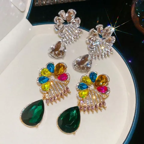 Luxurious Alloy Rhinestone Dangle Earrings With 925 Sterling Silver Earring Post Colorful Floral Water Drop Shape
