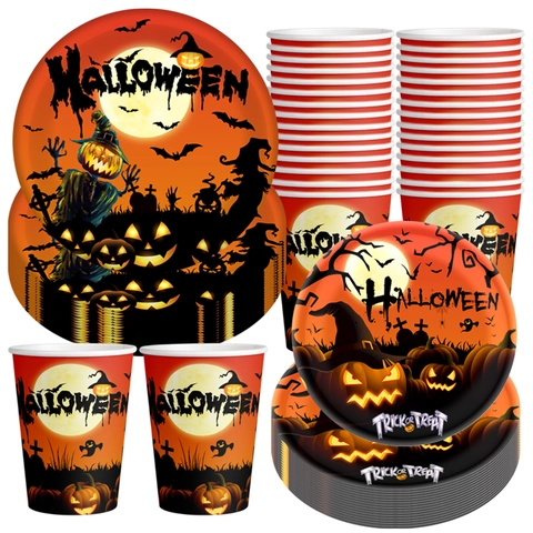 Halloween Party Tableware Disposable Paper Plates Cups Orange Plastic Cutlery Pumpkin Pattern For Festive Decor