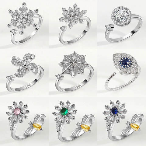 Rotatable Flower Anxiety Relief Ring For Women Copper Rhinestone Sunflower Butterfly Open Adjustable Rings Fashion Jewelry Gift