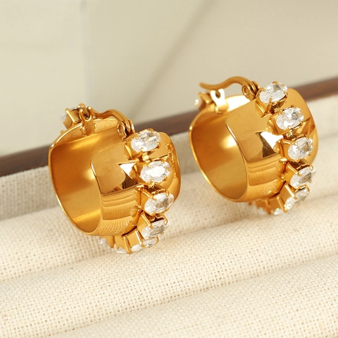 18K Gold Plated Stainless Steel Chunky Hoop Earrings With Oval Transparent Zircon Inlay Trendy Elegant Jewelry For Women