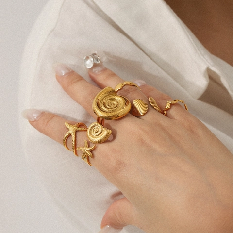 Anillo In Acciaio Inossidabile Tema Oceano Stella Marina Conchiglia Delfino Regolabile Aperto Gioielli Per Donne Placcato Oro Stile Estate