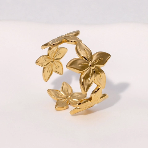 Flower Open Ring Stainless Steel 18K Gold Plated Adjustable Minimalist Floral Jewelry For Women Fashion Non-Tarnish