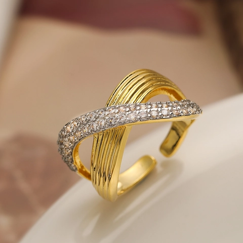 Minimalist Geometric Cross Open Ring Gold Plated Copper With White Zircon Micro Pave Adjustable Fashion Finger Jewelry Women