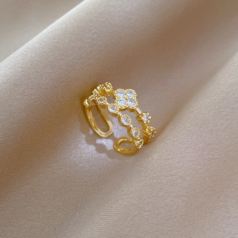 Lucky Clover Ring Zircon Inlaid Brass Gold Plated Adjustable Opening Double Layer Minimalist Flower Jewelry For Women