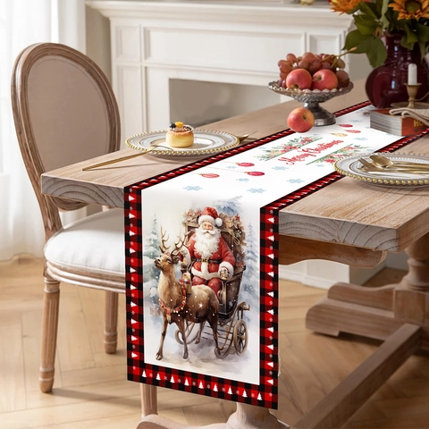 Christmas Table Runner Polyester Santa Claus Reindeer Sleigh Buffalo Plaid Checkered Holiday Dining Table Decoration