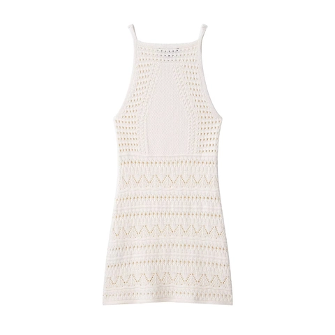 Minikleid Halterneck Gehäkelt Strick Hohl Aus V Ausschnitt Ärmellos Einfarbig Elegant Mode Für Damen