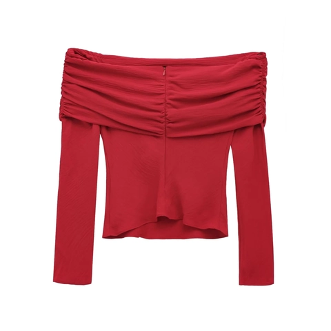 Blusa Plisada Con Hombros Descubiertos Para Mujer Ajustada De Manga Larga Gasa Fruncida Elegante Color Sólido Moda