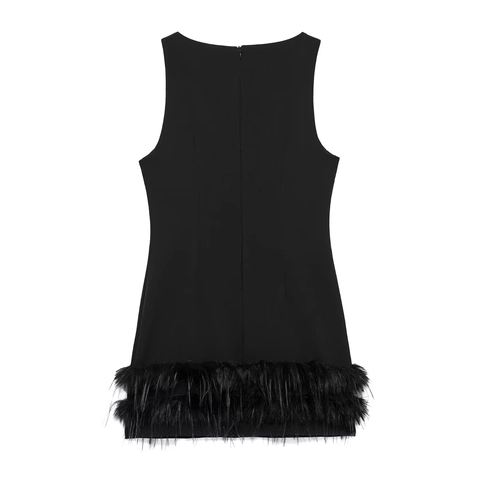 Sleeveless Mini Dress Round Neck Bodycon Polyester Feather Trim Hem Elegant Celebrity Party Style Women Black
