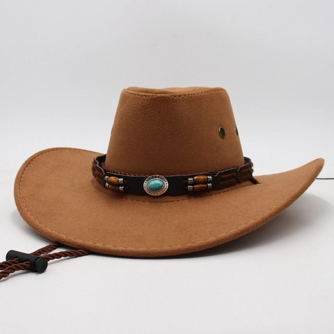 Cappello Da Cowboy Occidentale In Feltro Etnico Vintage Turchese Pelle Perline Di Legno Decor Bordo Curvo Jazz Per Uomini Donne