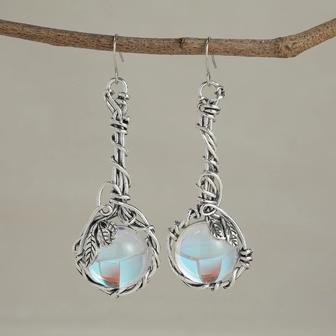 Vintage Vine Leaf Drop Earrings Alloy With Synthetic Moonstone Wire Wrapped Long Dangle Forest Style Titanium Earring Post