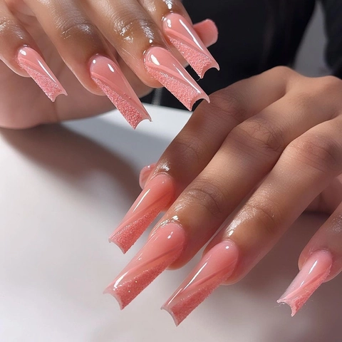 Unghie Finte Lunghe Coffin Press On Sfumatura Rosa Glitter Stile Francese Linee Bianche Unghie Artificiali
