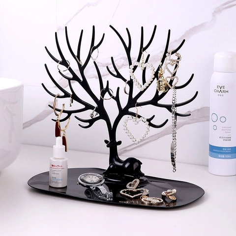 Organizzatore Gioielli Creativo Albero Corna Plastica PP Supporto Orecchini Collane Con Vassoio Contenitore Scrivania