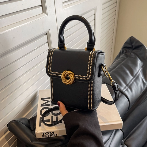 Women Retro Small Square Crossbody Bag PU Leather Top Handle Handbag Gold Knot Buckle Rivet Decor Adjustable Strap Phone Pouch