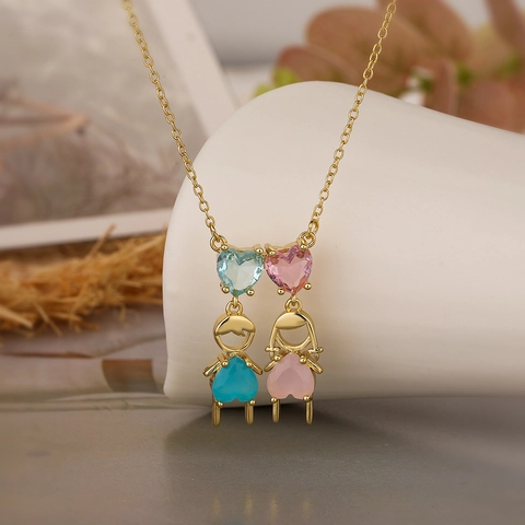 Collana Pendente Rame Zirconia Cubica Forma Di Cuore Figurine Ragazzo E Ragazza Gioielli Di Moda Per Donne