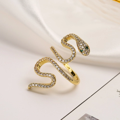 Snake Ring Gold Plated Copper White Zircon Green Gemstone Eyes Trendy Open Band Fashion Jewelry For Women