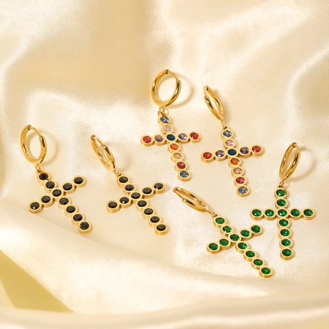 Orecchini a Cerchio a Croce in Acciaio Inossidabile Placcato Oro 18K con Strass Intarsiati Orecchini a Croce per Donna Gioielli