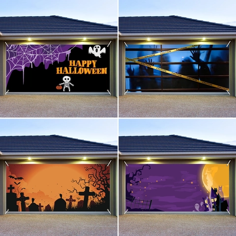 Halloween Garage Door Banner Polyester Background Cloth Festive Outdoor Party Decoration Haunted House Pumpkin Skeleton