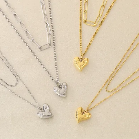 Stainless Steel Double Layer Heart Pendant Necklace 18K Gold Plated Lava Texture Paperclip Chain Fashion Jewelry Women
