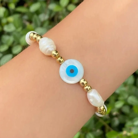 Barock Süßwasserperlen Armband Für Damen 18K Vergoldetes Kupfer Böser Blick Muschelperle Boho Handgefertigter Gewebter Schmuck