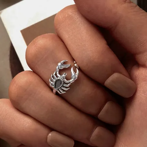 925 Sterling Silver Scorpion Open Ring Vintage Dark Gothic Adjustable Zirconia Insect Finger Ring For Men Women Jewelry