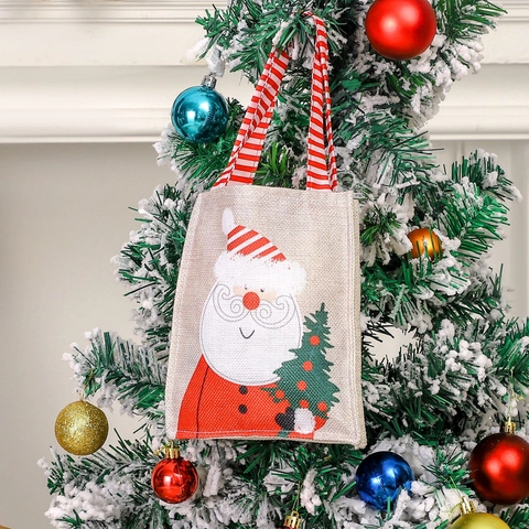 Weihnachts Geschenktüten Leinenoptik Süßigkeitenbeutel Mit Weihnachtsmann Schneemann Muster Gestreifte Griffe Party Dekoration
