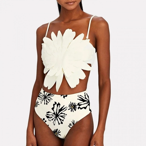 Bikini Donna Stampa Floreale Decorazione Fiori 3D Costume Da Bagno Vita Alta E Sarong Spiaggia Moda Vacanza Sexy